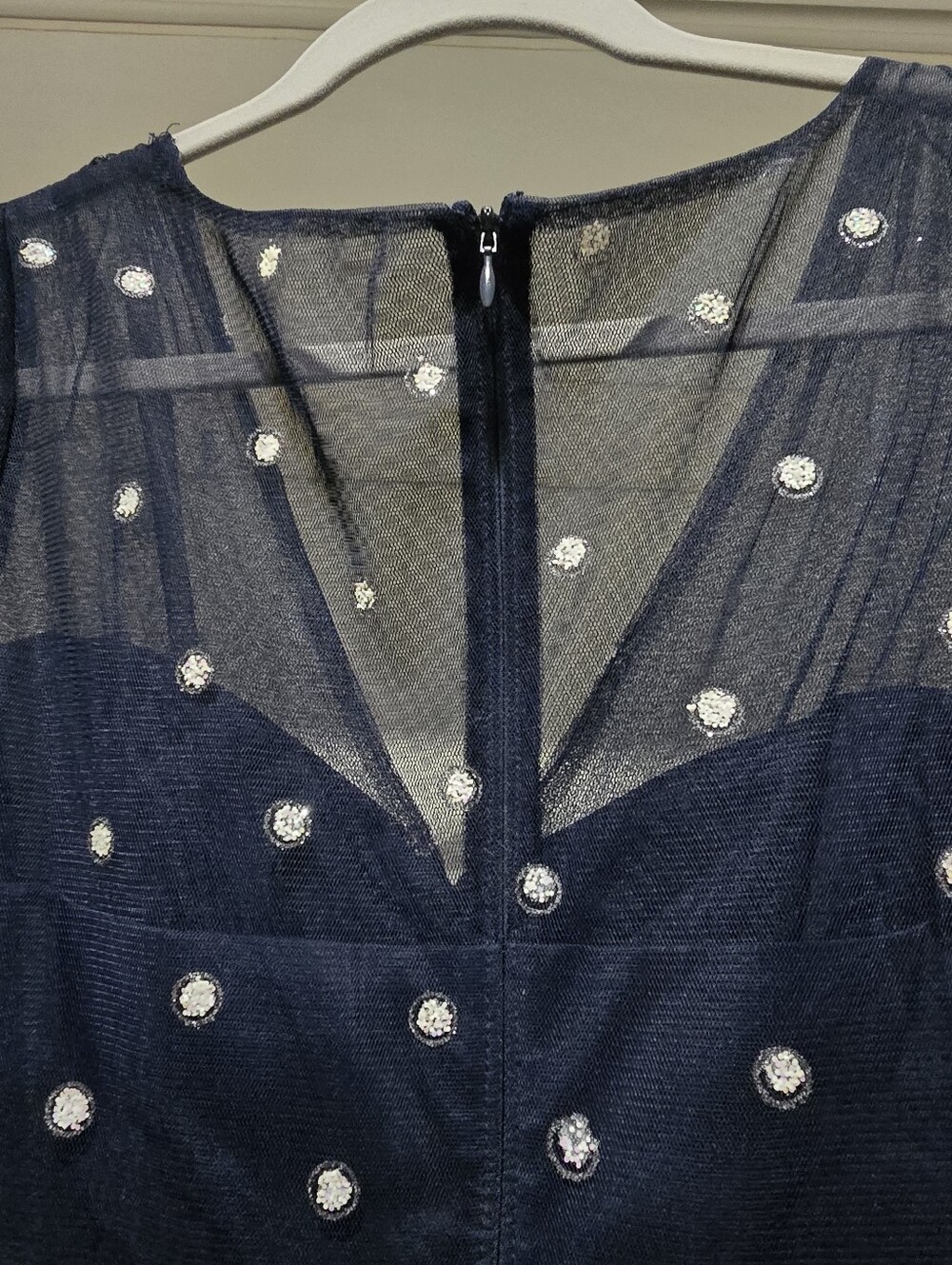 Navy With White/Glitter Polka Dots Mesh Midi Dress - Elegant Women's Party Dress - Picture 8 of 13